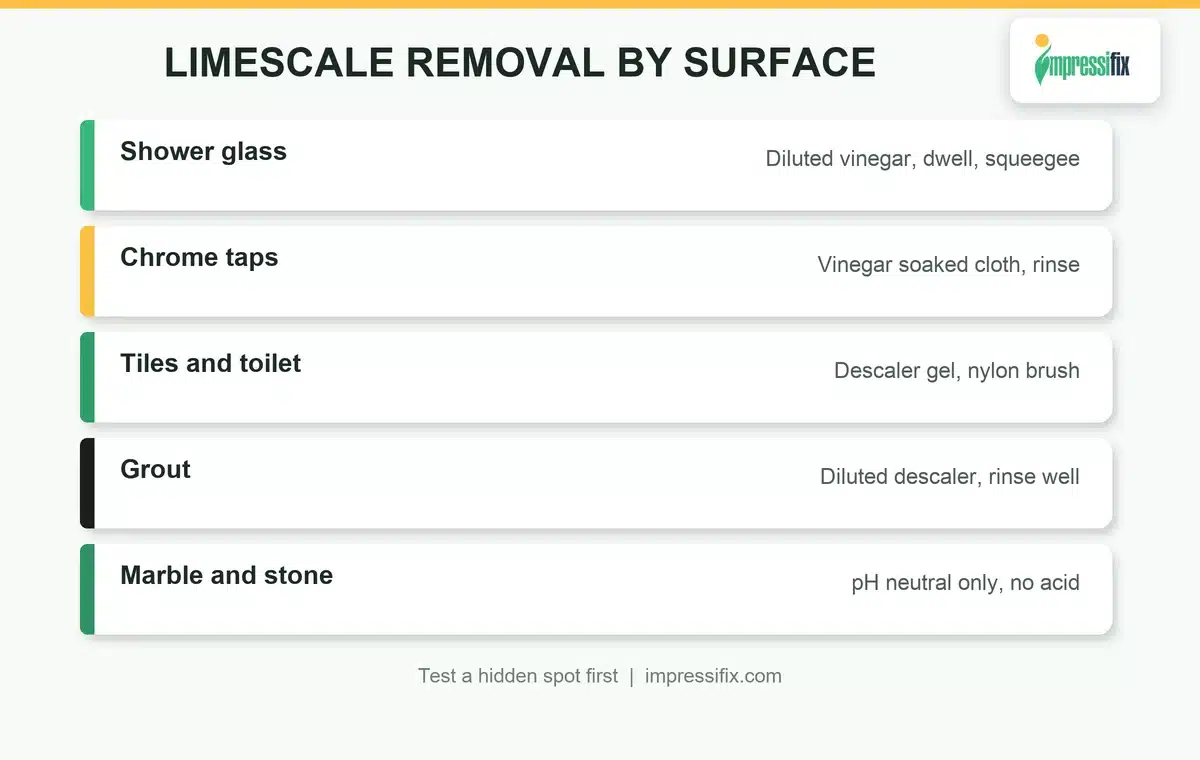 Bathroom limescale removal UAE guide by surface, glass, taps, tiles and stone