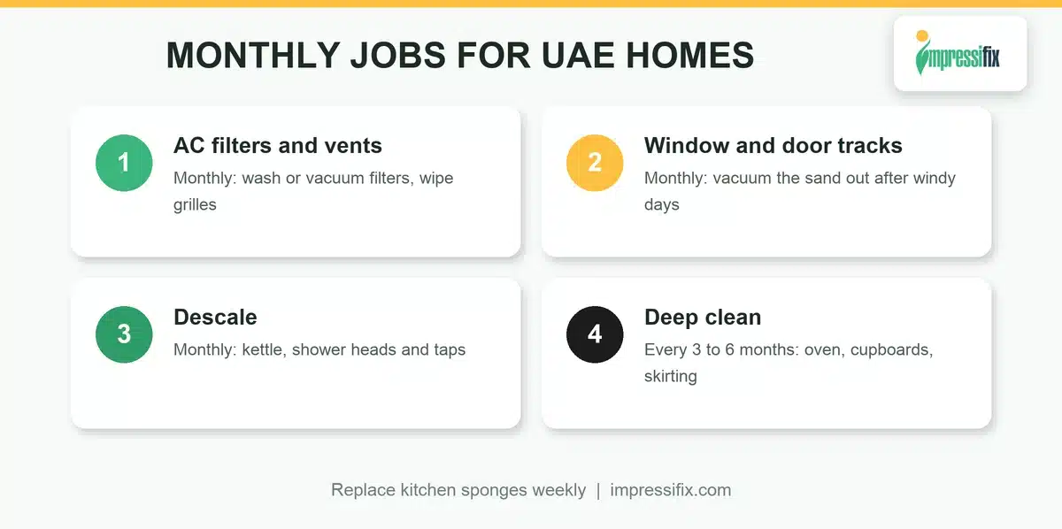 Monthly and quarterly home cleaning schedule tasks for UAE homes