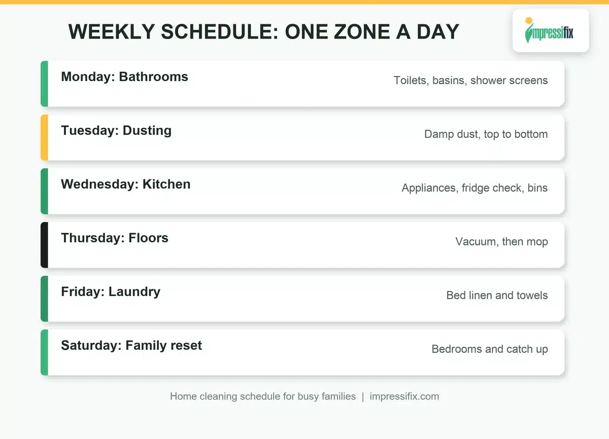 Weekly home cleaning schedule for busy families in the UAE, one zone per day