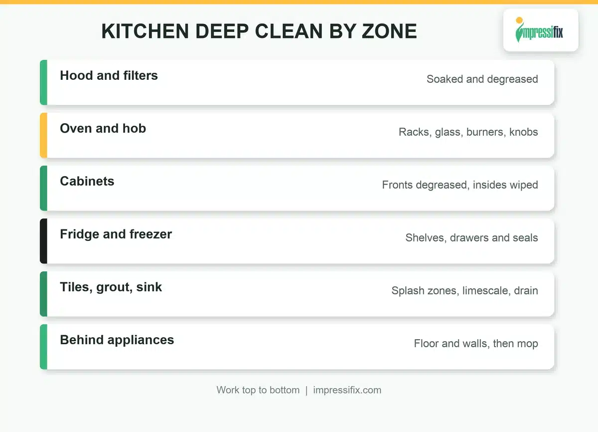 Kitchen deep cleaning Sharjah checklist by zone, from hood to floor