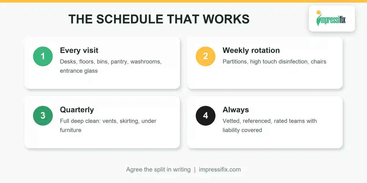 Office cleaning schedule split: every visit, weekly, quarterly