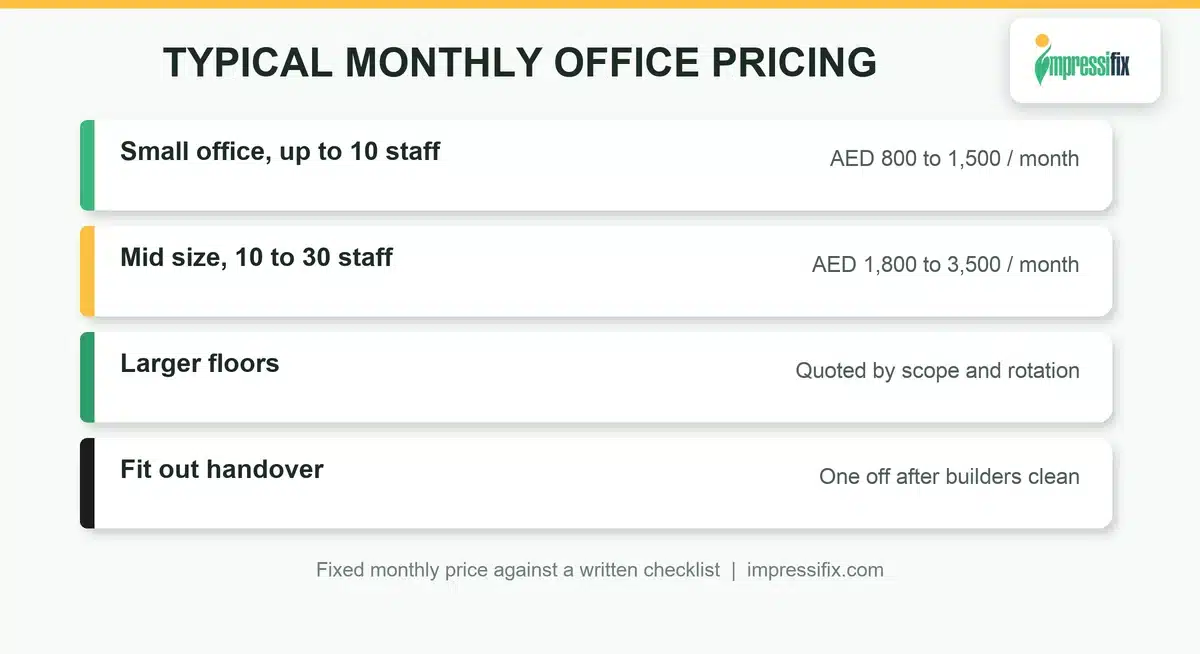 Typical monthly office cleaning pricing in Sharjah