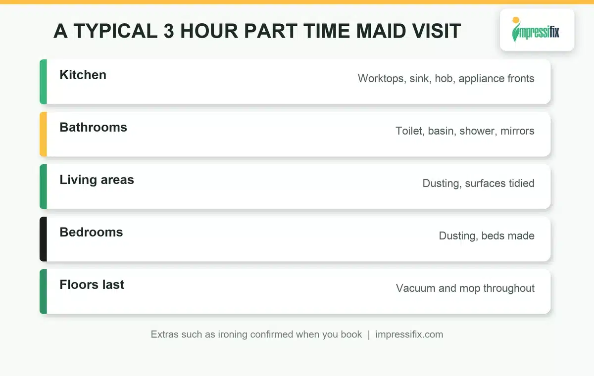 What a part time maid in Dubai covers in a typical three hour visit, room by room