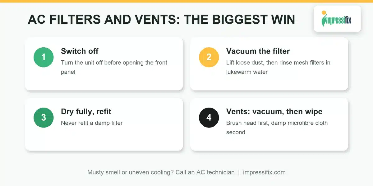 How to reduce dust at home in the UAE: AC filter and vent grille cleaning steps