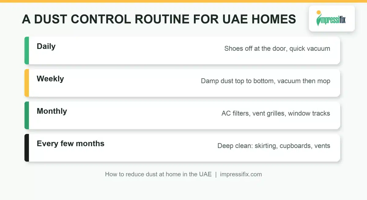 Dust control routine for UAE homes: daily, weekly, monthly and quarterly tasks