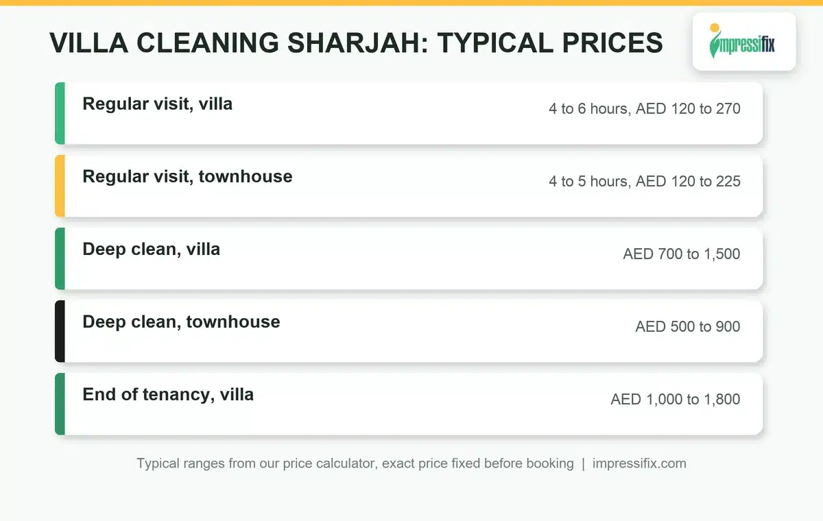 Villa cleaning Sharjah typical prices for regular visits, deep cleans and end of tenancy